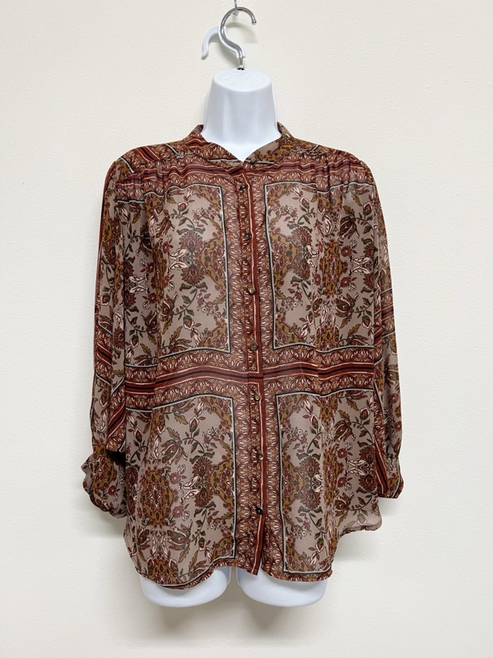Dress Forum Los Angeles Womens Brown Sheer Paisley Batwing Sleeve Blouse Size S